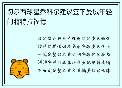 切尔西球星乔科尔建议签下曼城年轻门将特拉福德